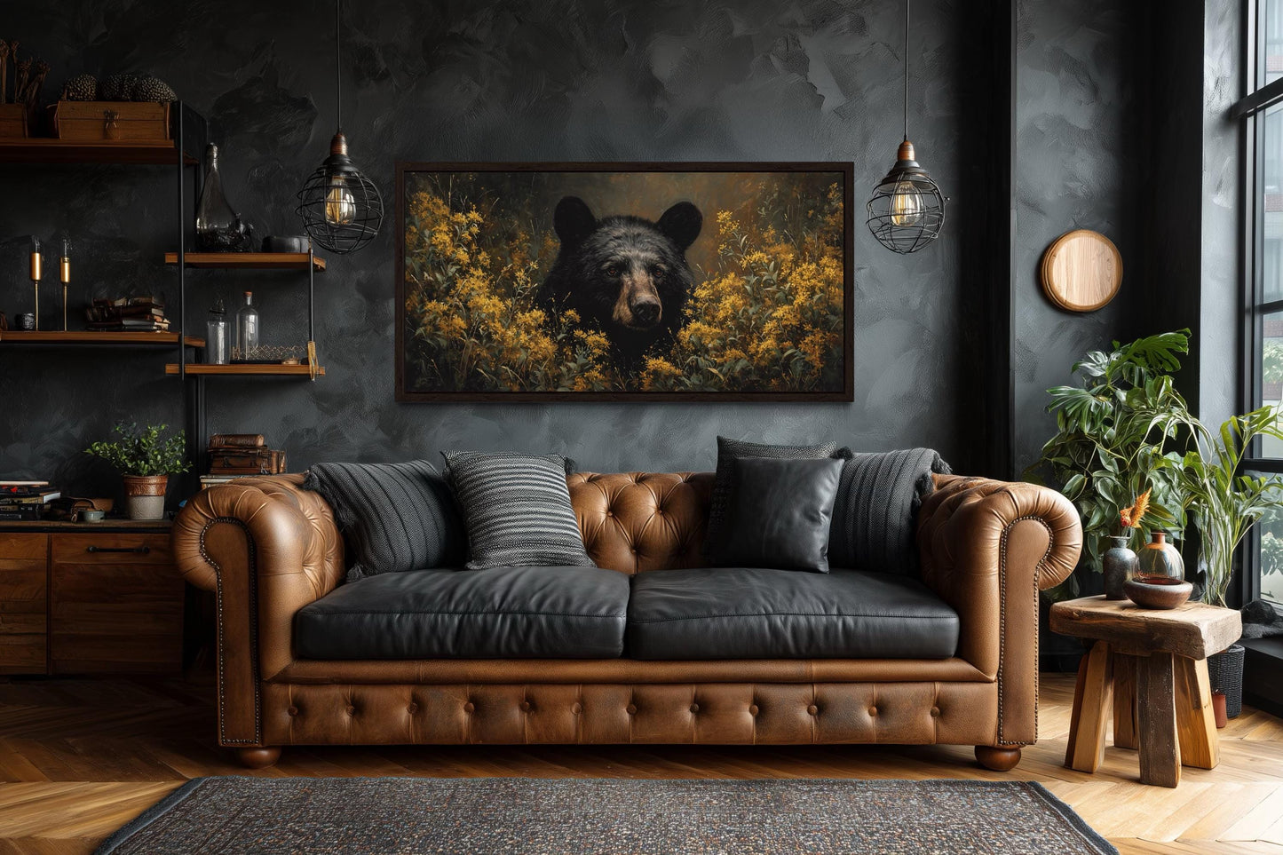 Black Bear in Yellow Wildflowers Canvas Wall Art For Cabin Decor