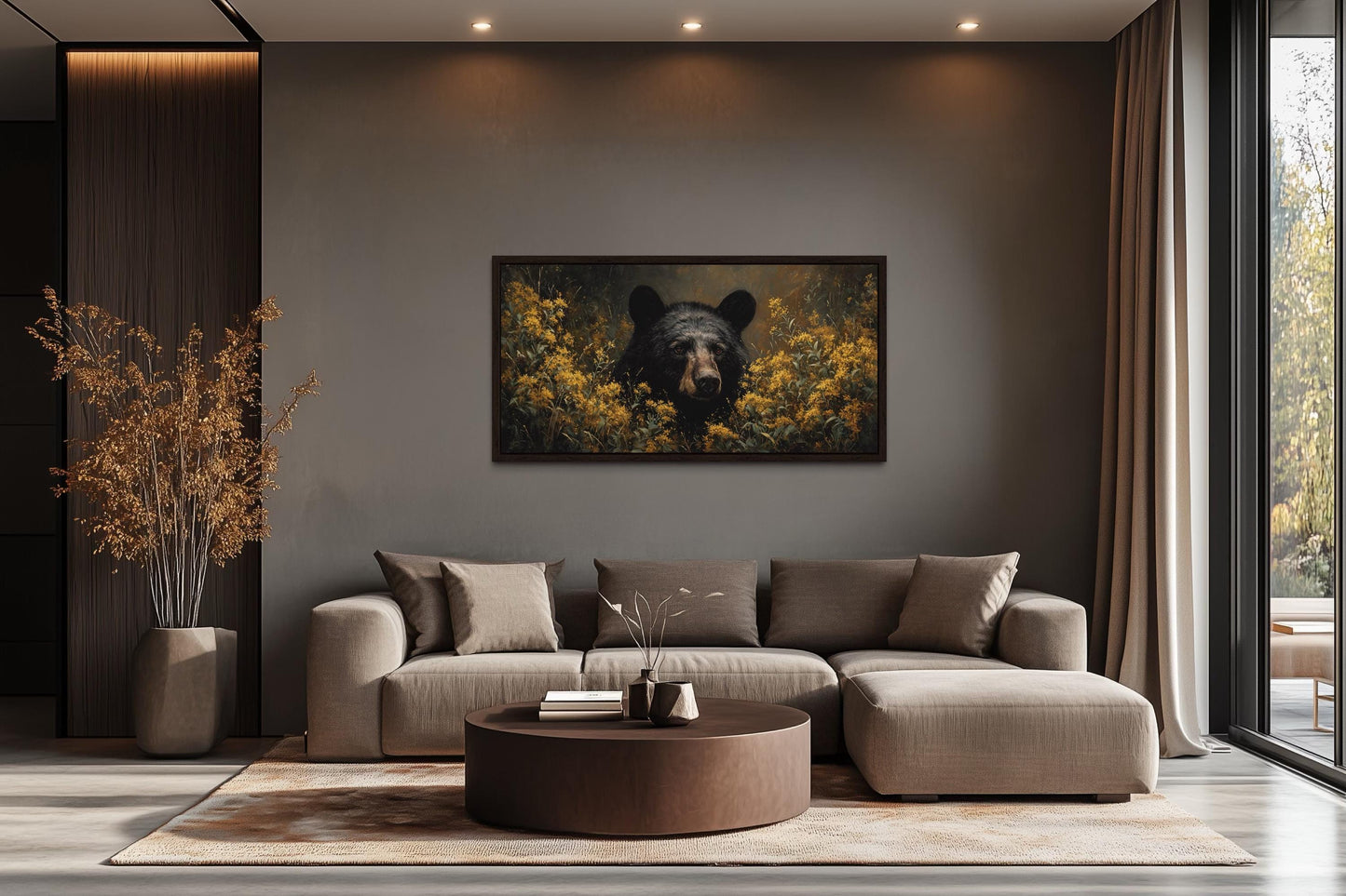 Black Bear in Yellow Wildflowers Canvas Wall Art For Cabin Decor