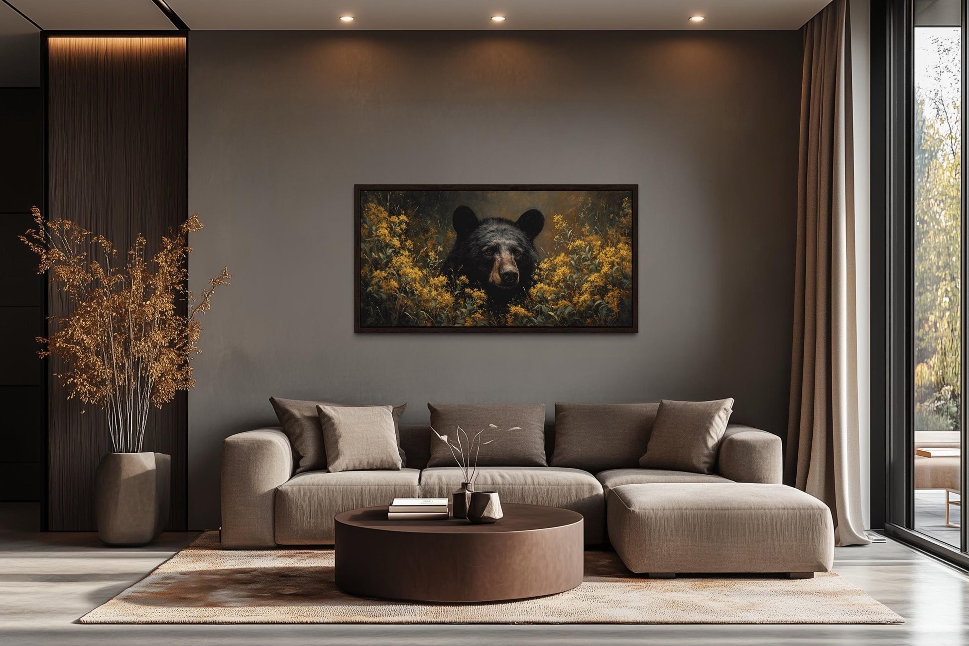 Black Bear in Yellow Wildflowers Canvas Wall Art For Cabin Decor