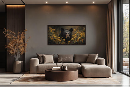 Black Bear in Yellow Wildflowers Canvas Wall Art For Cabin Decor
