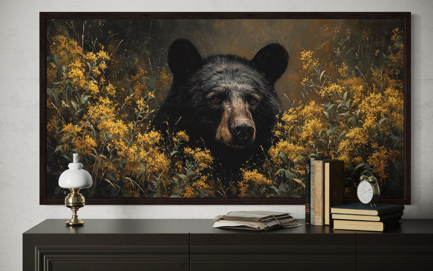 Black Bear in Yellow Wildflowers Canvas Wall Art For Cabin Decor