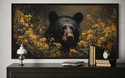 Black Bear in Yellow Wildflowers Canvas Wall Art For Cabin Decor