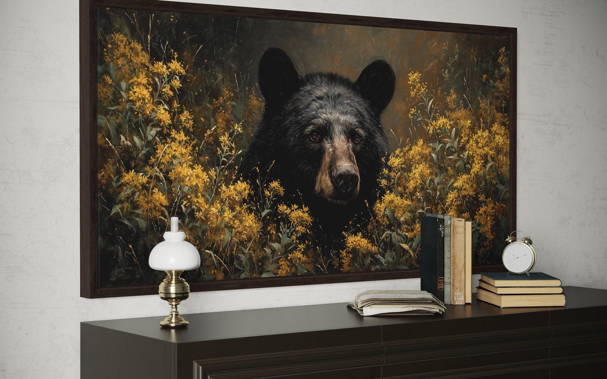 Black Bear in Yellow Wildflowers Canvas Wall Art For Cabin Decor