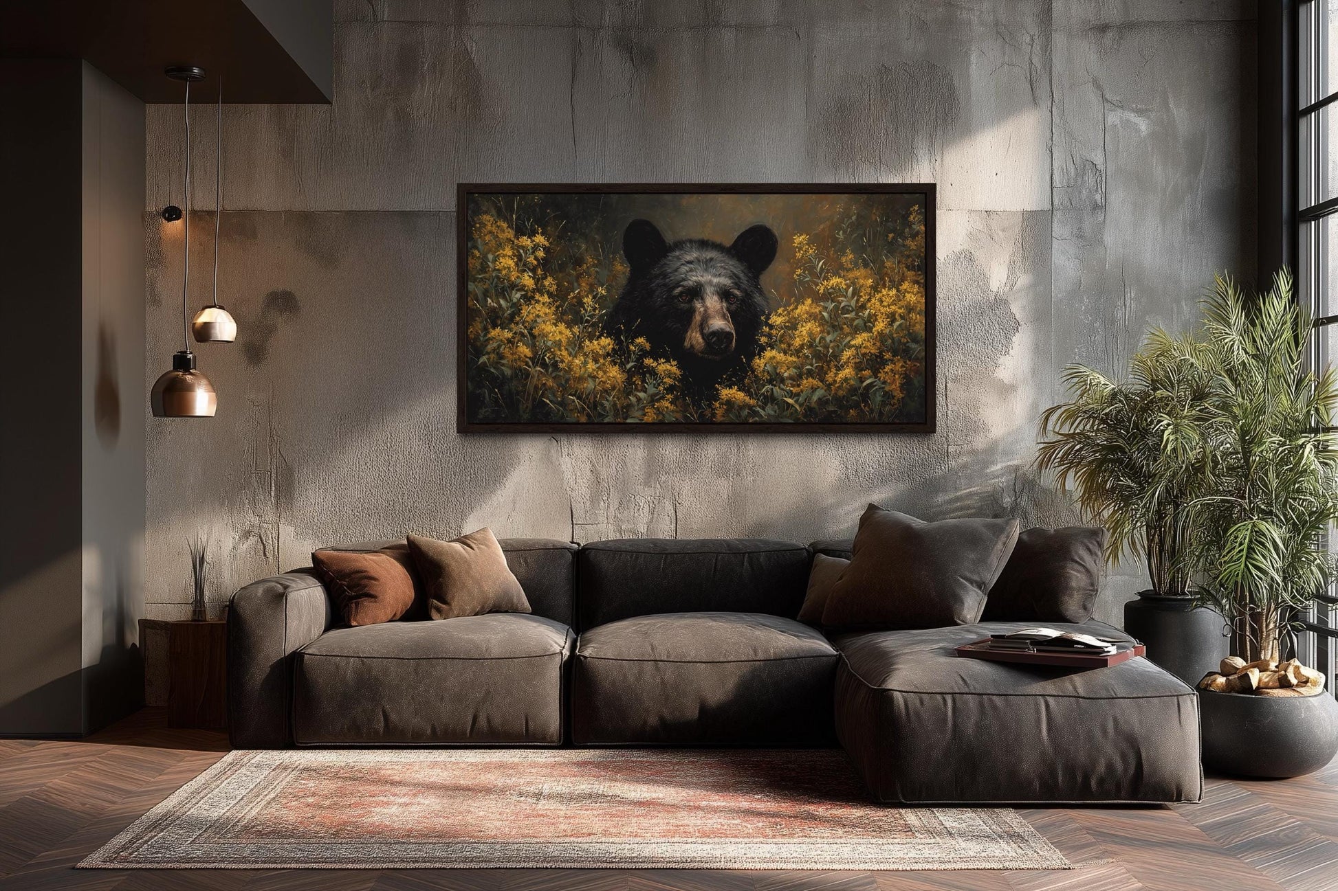 Black Bear in Yellow Wildflowers Canvas Wall Art For Cabin Decor
