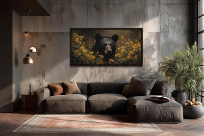 Black Bear in Yellow Wildflowers Canvas Wall Art For Cabin Decor