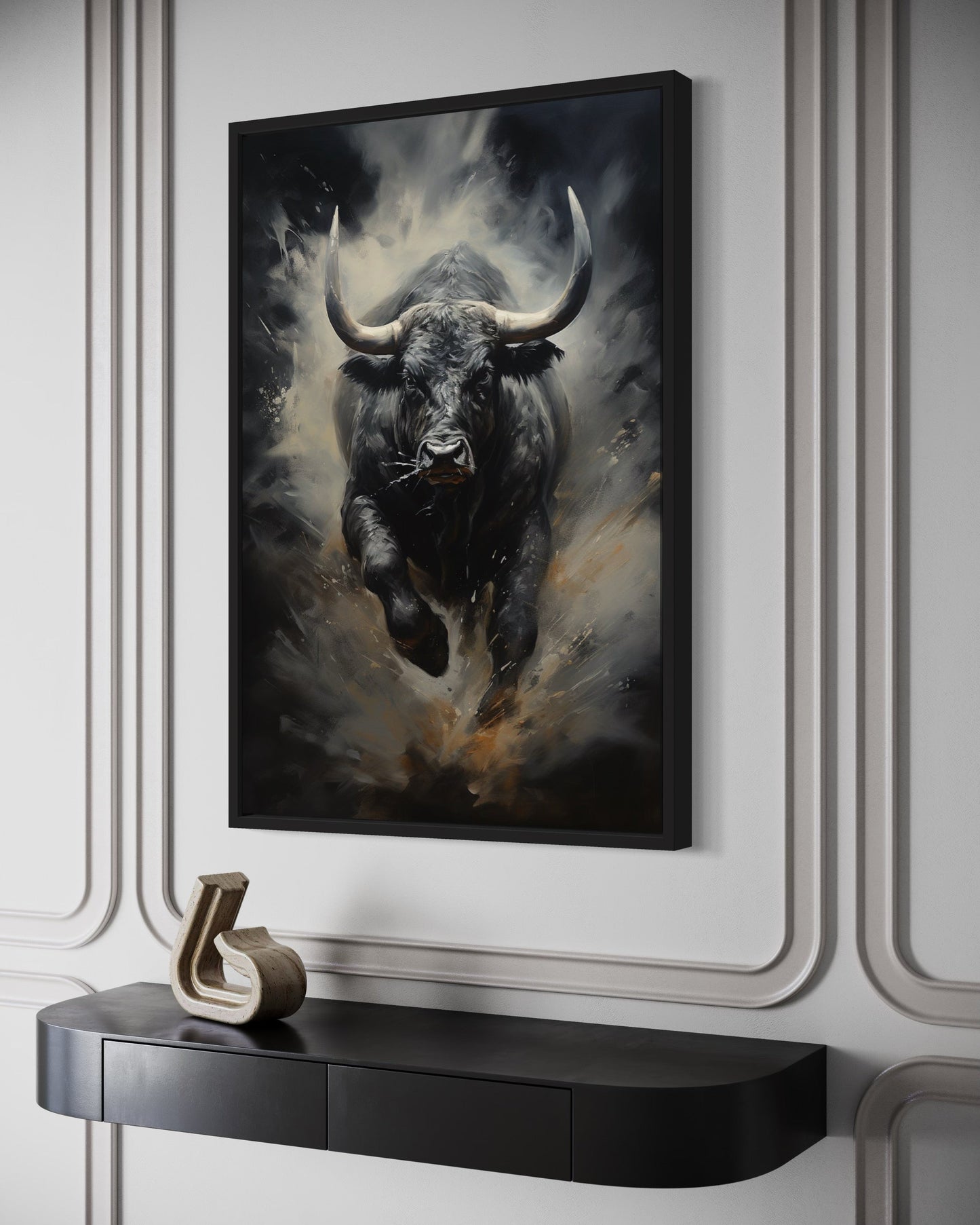 Black Charging Bull Abstract Framed Canvas Wall Art