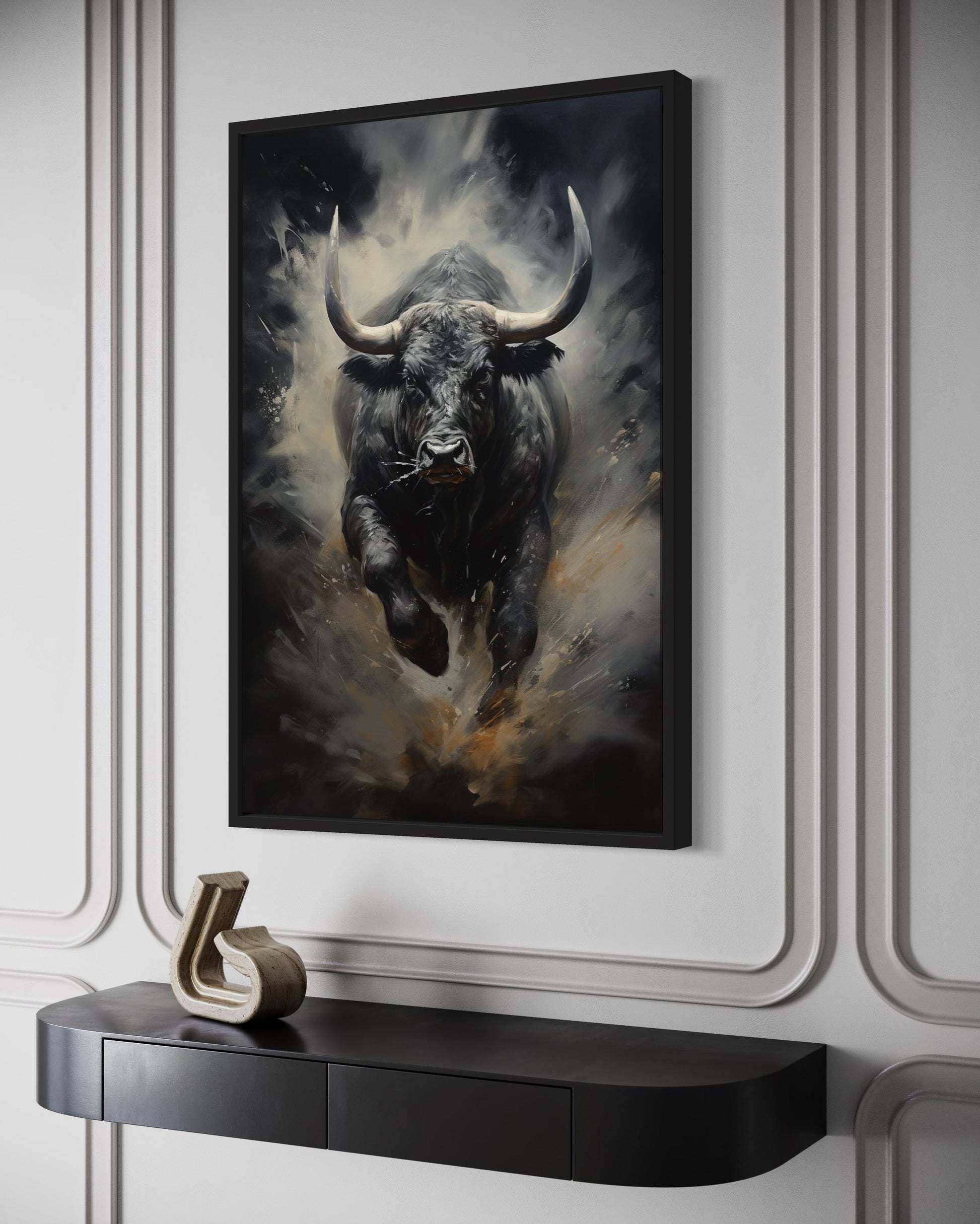 Black Charging Bull Abstract Framed Canvas Wall Art