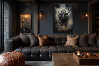 Black Charging Bull Abstract Framed Canvas Wall Art