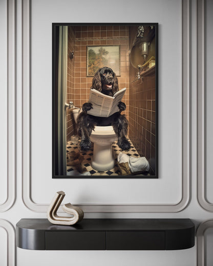 Black Cocker Spaniel Dog On The Toilet Reading Newspaper Picture Canvas Wall Art