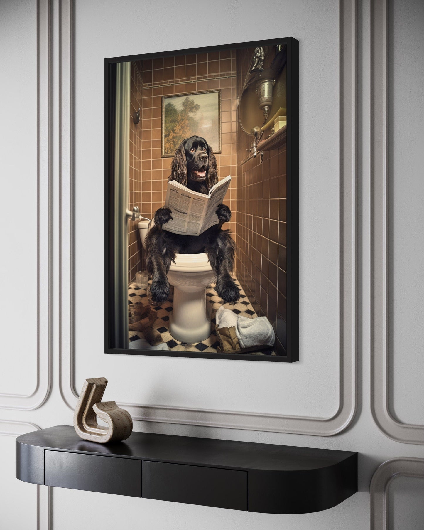 Black Cocker Spaniel Dog On The Toilet Reading Newspaper Picture Canvas Wall Art