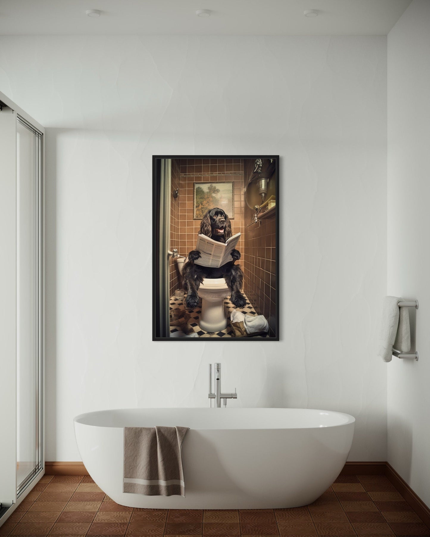 Black Cocker Spaniel Dog On The Toilet Reading Newspaper Picture Canvas Wall Art