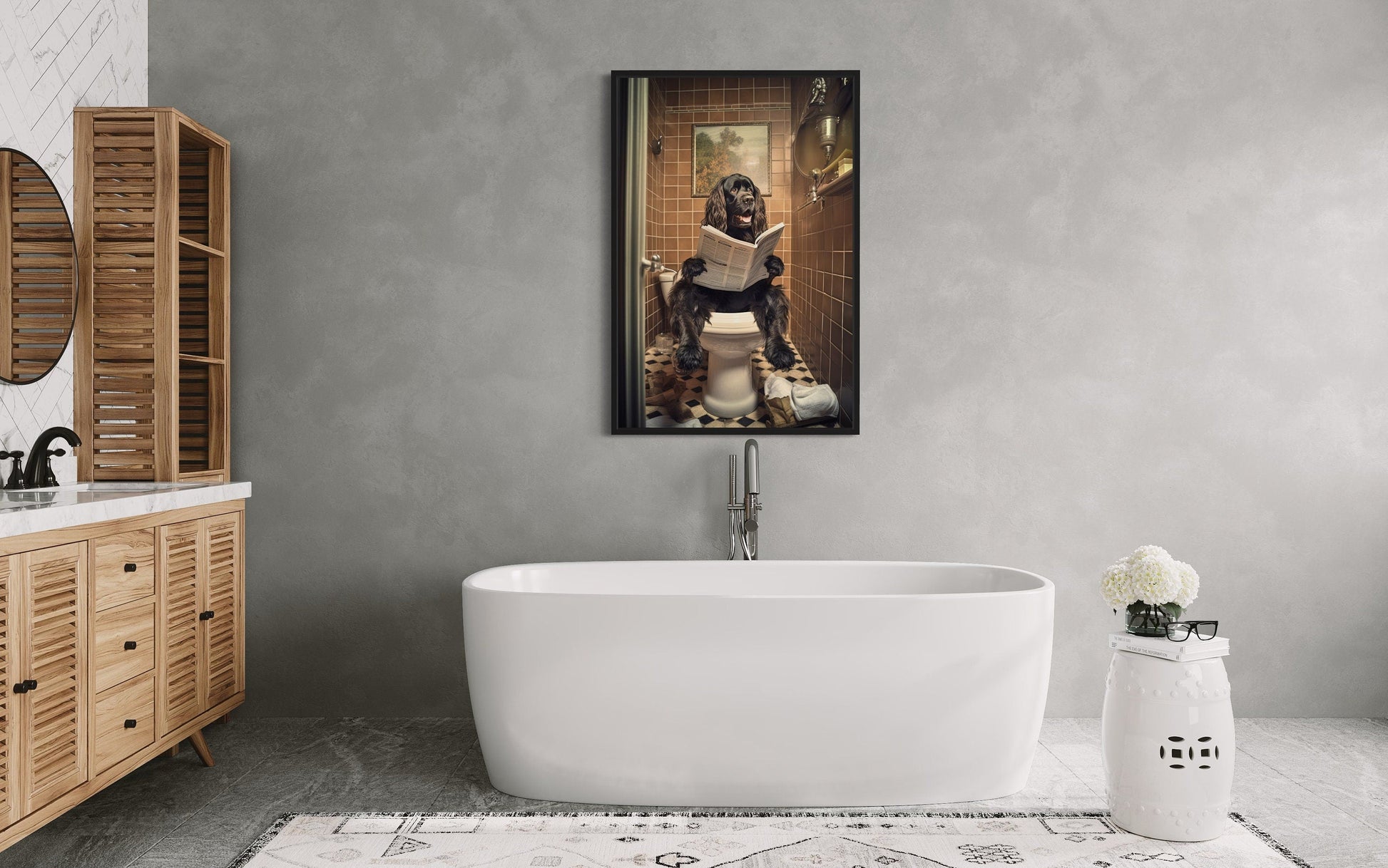 Black Cocker Spaniel Dog On The Toilet Reading Newspaper Picture Canvas Wall Art