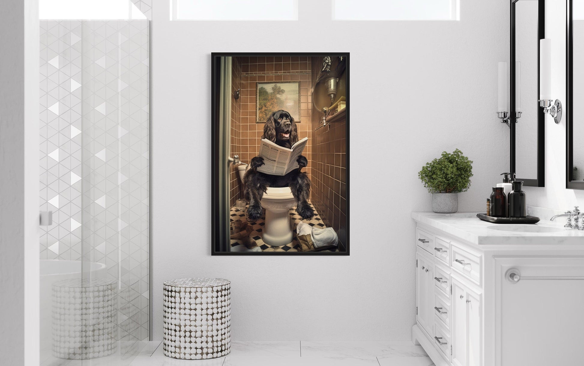 Black Cocker Spaniel Dog On The Toilet Reading Newspaper Picture Canvas Wall Art