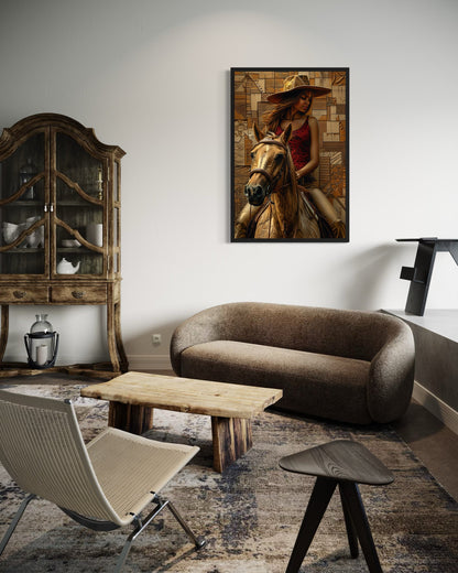 Black Cowgirl on Horse Framed Canvas Wall Art
