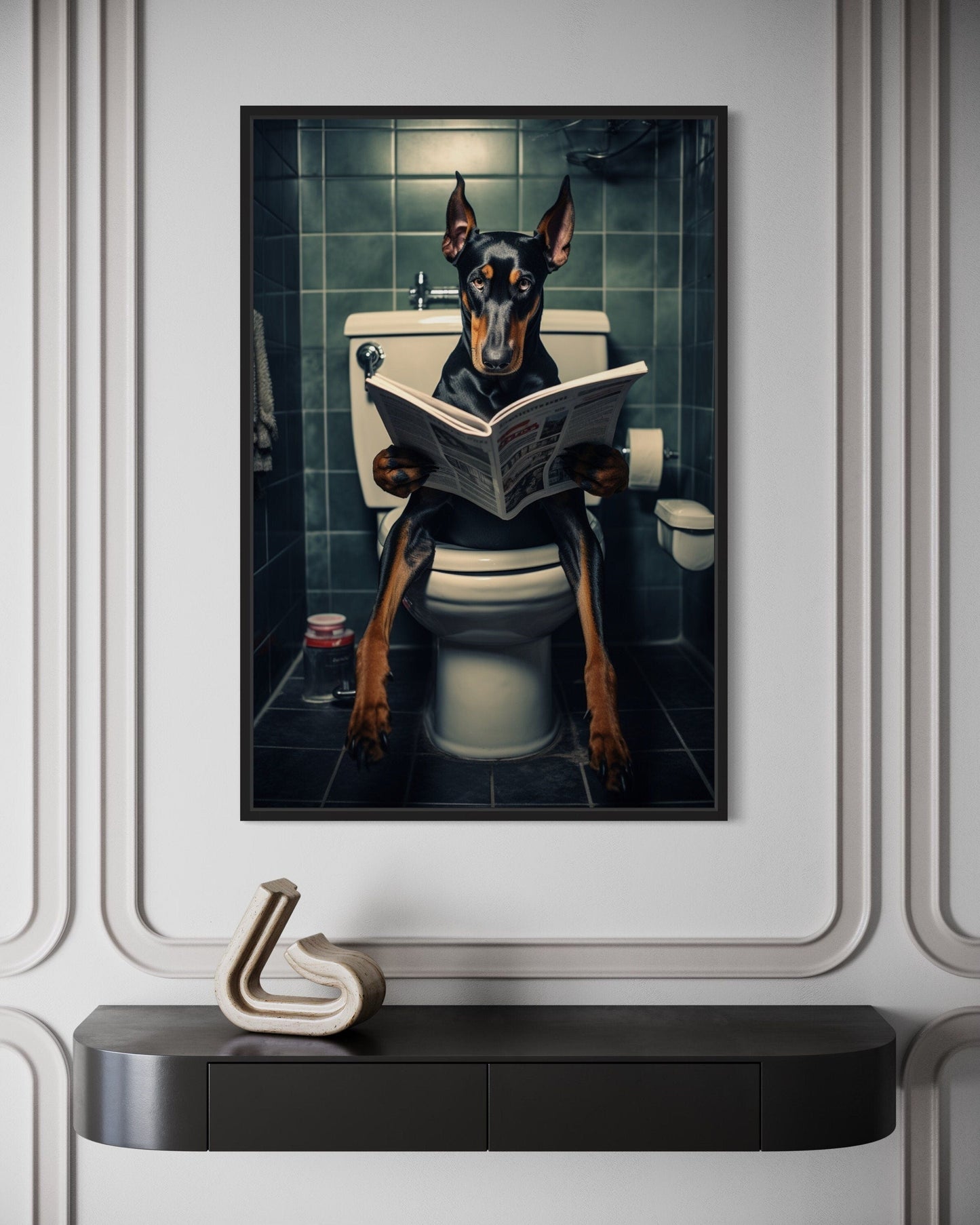 Black Dobermann Dog On The Toilet Reading Newspaper Picture Canvas Wall Art