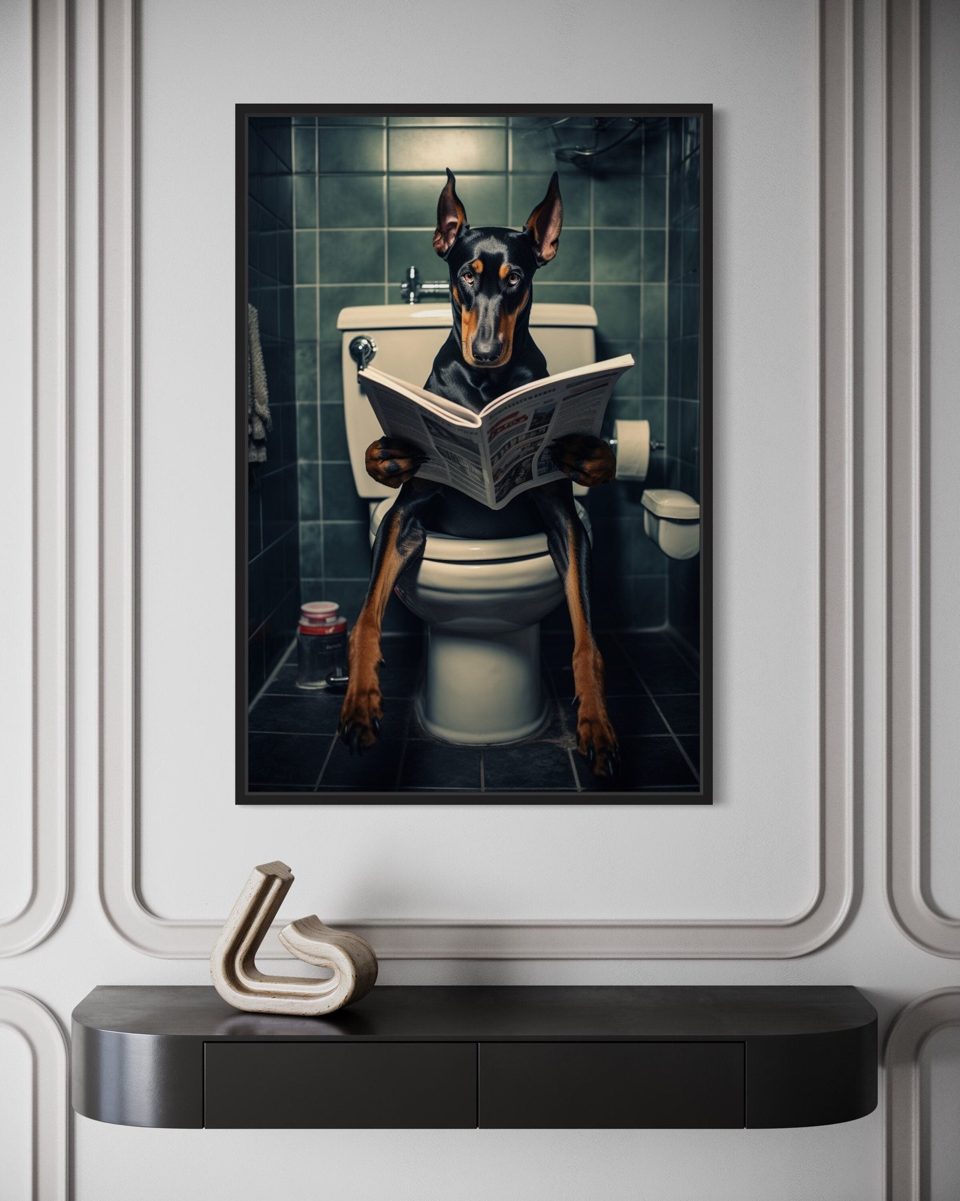 Black Dobermann Dog On The Toilet Reading Newspaper Picture Canvas Wall Art