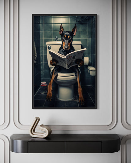 Black Dobermann Dog On The Toilet Reading Newspaper Picture Canvas Wall Art