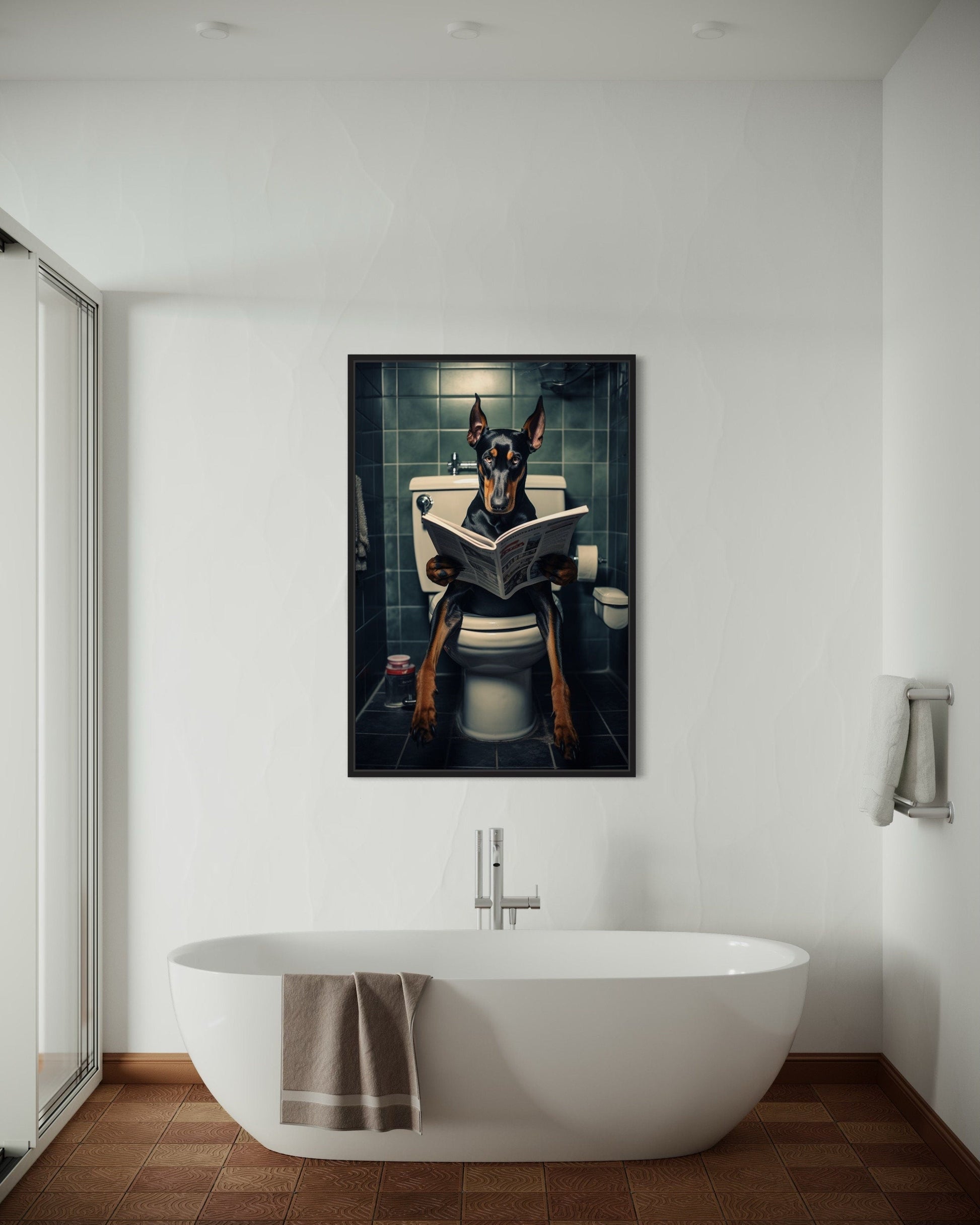 Black Dobermann Dog On The Toilet Reading Newspaper Picture Canvas Wall Art