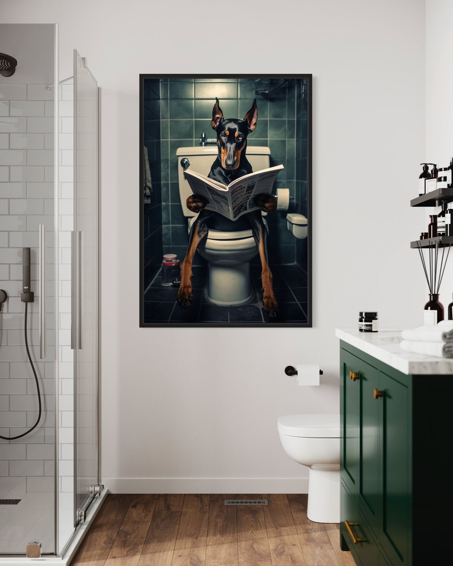Black Dobermann Dog On The Toilet Reading Newspaper Picture Canvas Wall Art