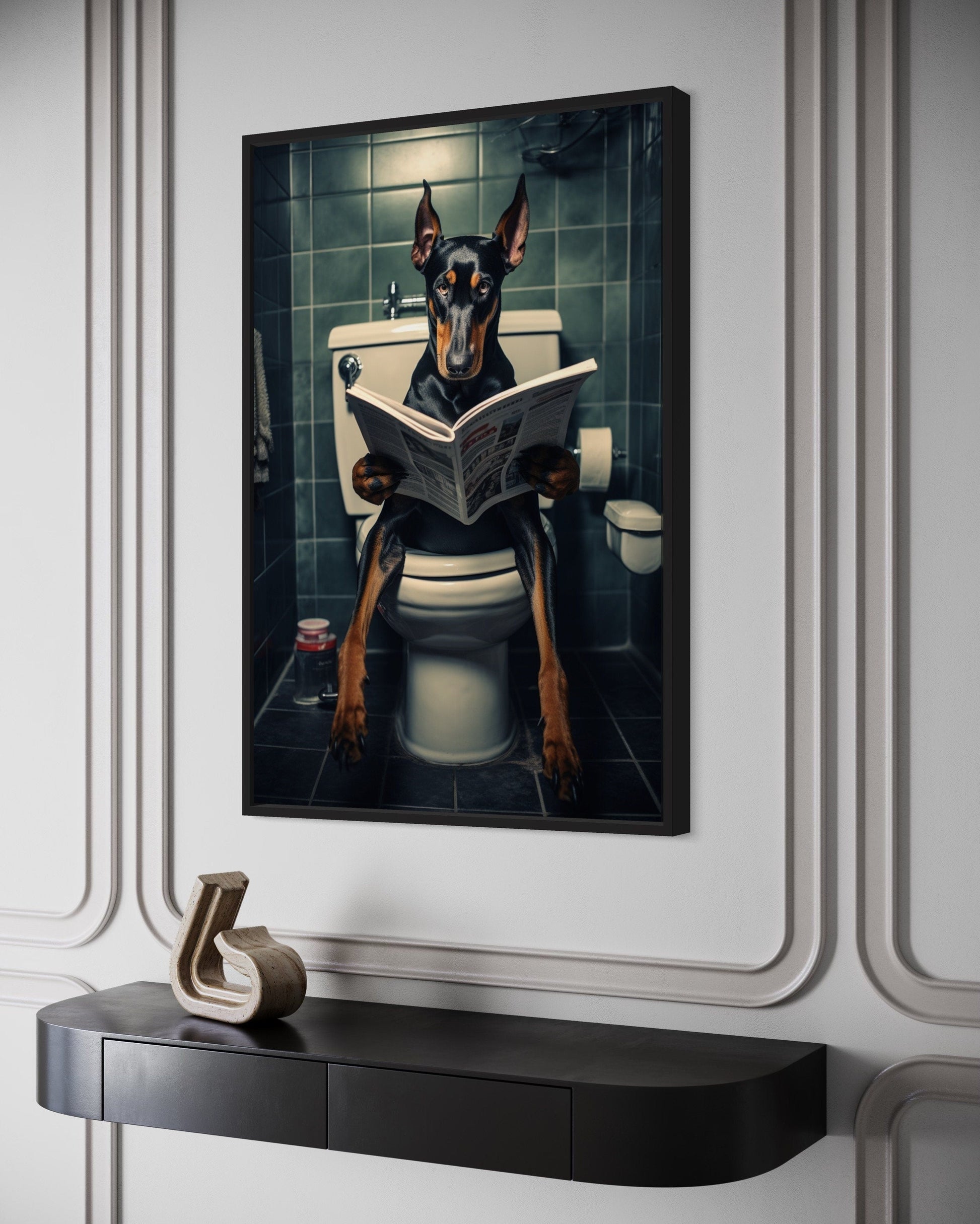 Black Dobermann Dog On The Toilet Reading Newspaper Picture Canvas Wall Art