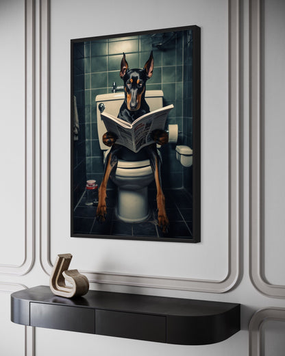 Black Dobermann Dog On The Toilet Reading Newspaper Picture Canvas Wall Art