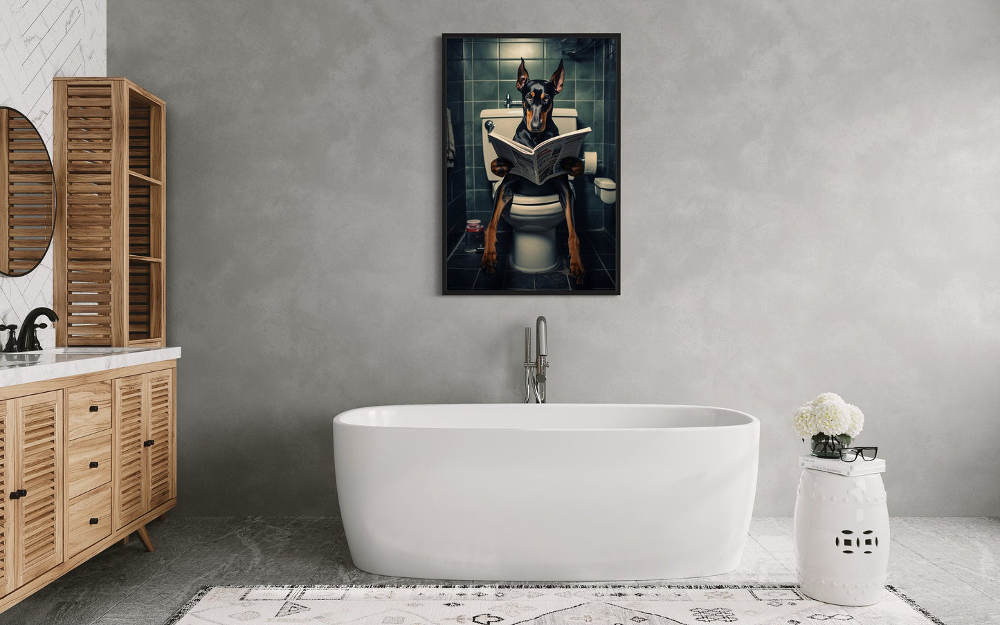 Black Dobermann Dog On The Toilet Reading Newspaper Picture Canvas Wall Art