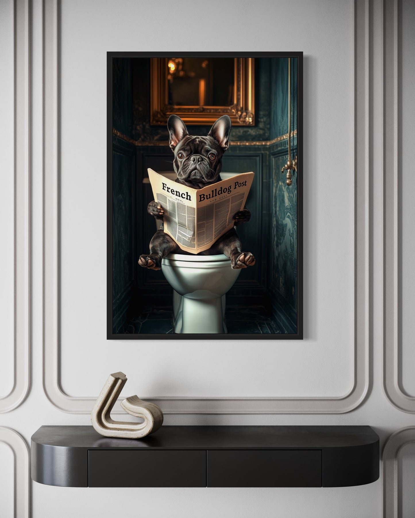 Black French Bulldog On The Toilet Reading Newspaper Picture Canvas Wall Art