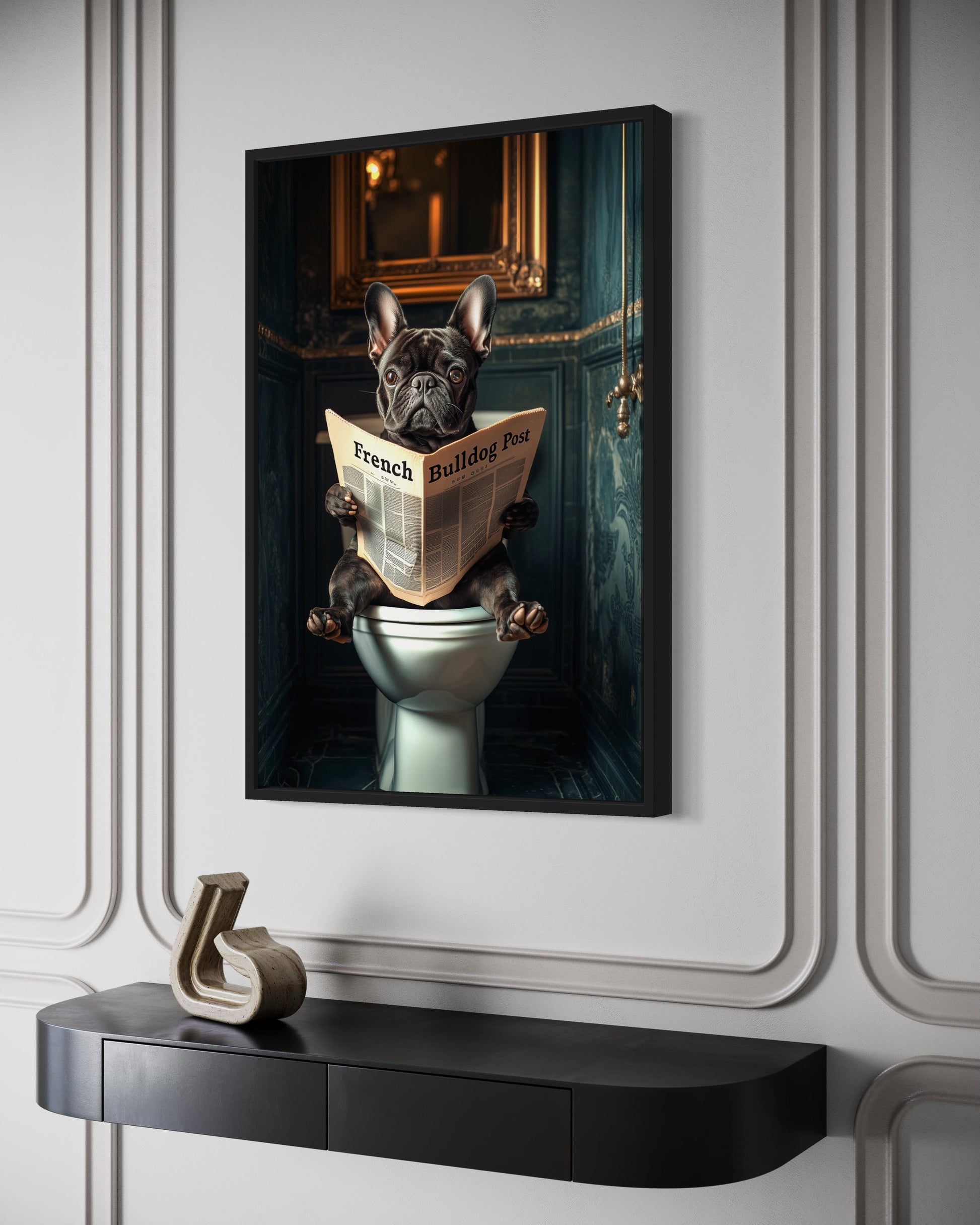 Black French Bulldog On The Toilet Reading Newspaper Picture Canvas Wall Art