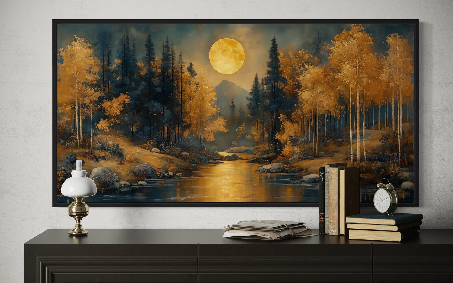 Black Gold Art Nouveau Trees Forest And Moon Landscape Framed Canvas Wall Art