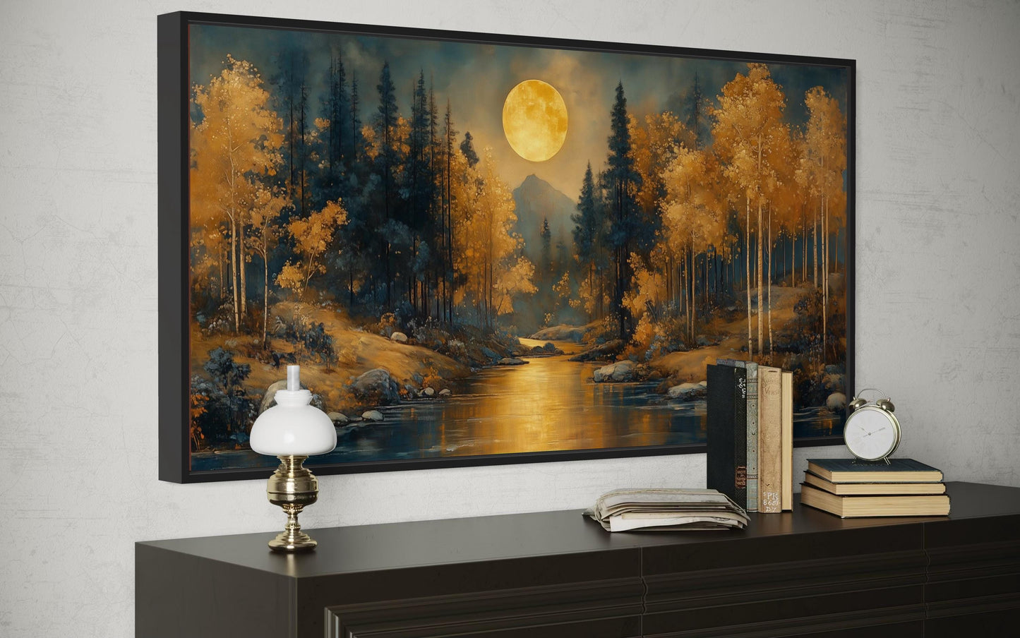 Black Gold Art Nouveau Trees Forest And Moon Landscape Framed Canvas Wall Art