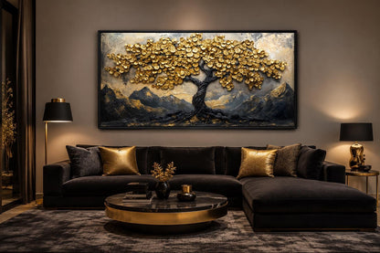 Black Gold Feng Shui Money Tree With Gold Coin Leaves Framed Canvas Wall Art