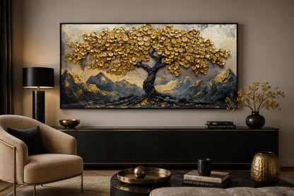 Black Gold Feng Shui Money Tree With Gold Coin Leaves Framed Canvas Wall Art