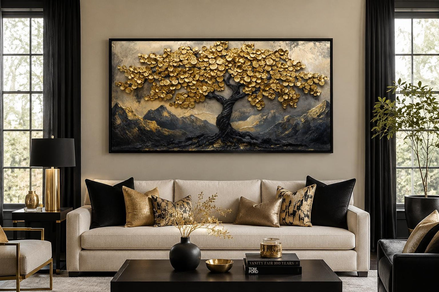 Black Gold Feng Shui Money Tree With Gold Coin Leaves Framed Canvas Wall Art