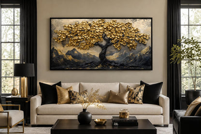 Black Gold Feng Shui Money Tree With Gold Coin Leaves Framed Canvas Wall Art