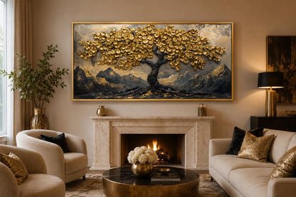 Black Gold Feng Shui Money Tree With Gold Coin Leaves Framed Canvas Wall Art