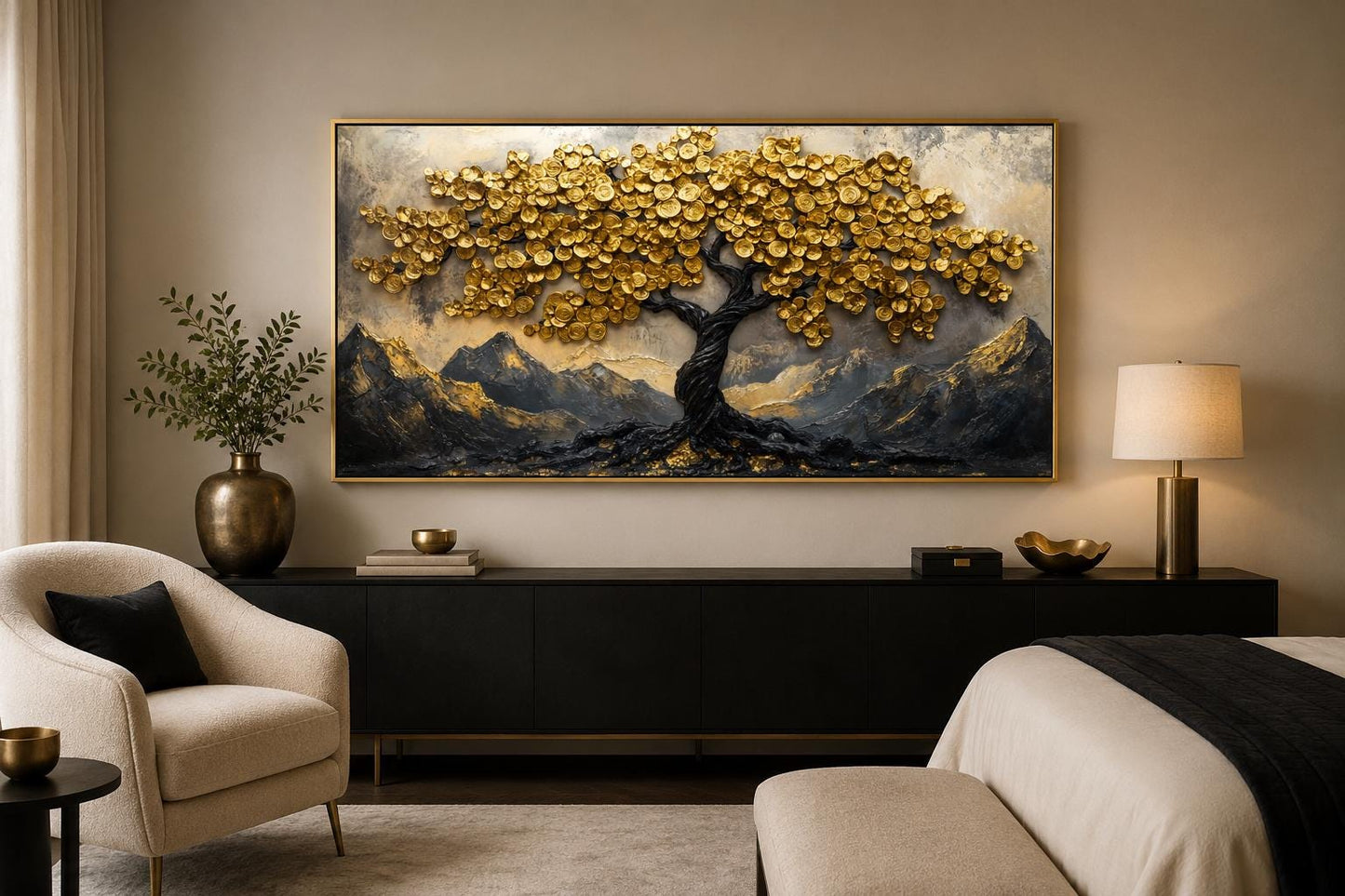 Black Gold Feng Shui Money Tree With Gold Coin Leaves Framed Canvas Wall Art
