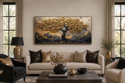 Black Gold Feng Shui Money Tree With Gold Coin Leaves Framed Canvas Wall Art