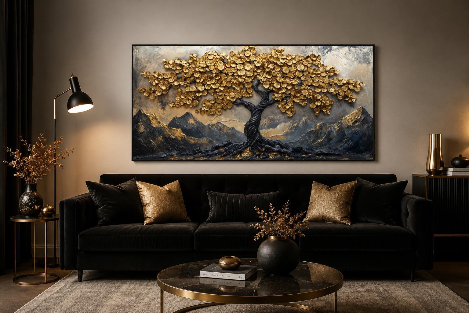 Black Gold Feng Shui Money Tree With Gold Coin Leaves Framed Canvas Wall Art