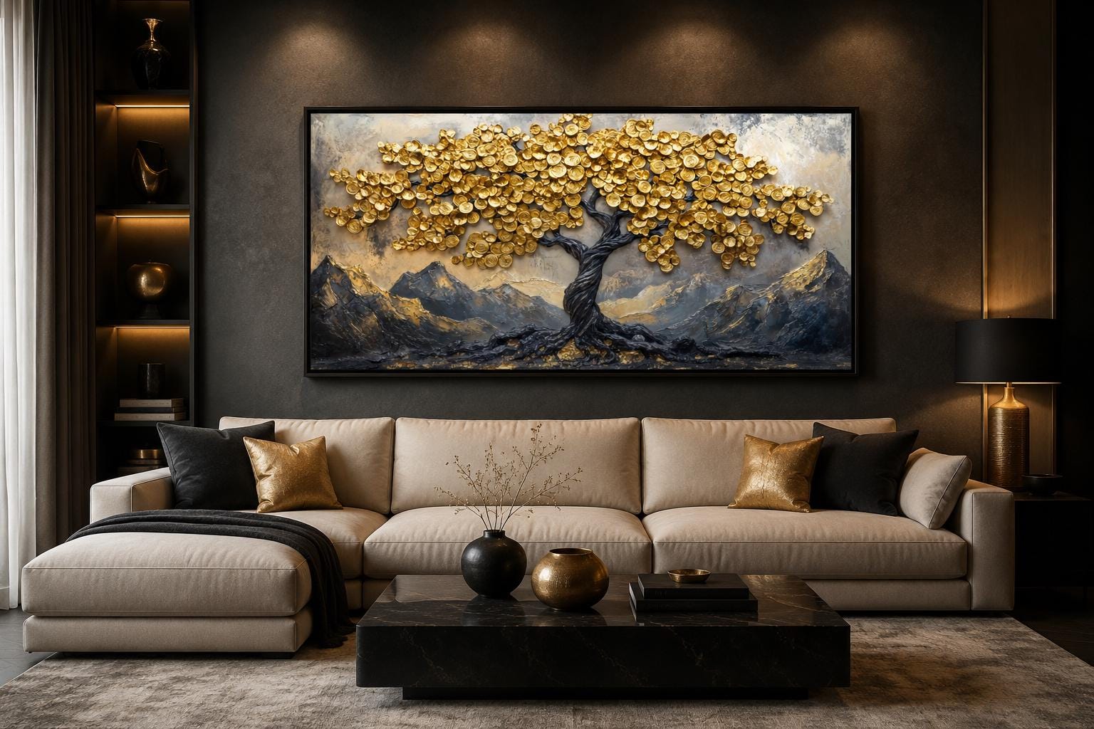 Black Gold Feng Shui Money Tree With Gold Coin Leaves Framed Canvas Wall Art