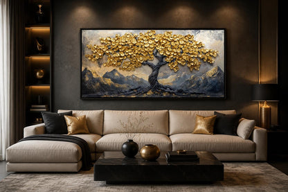 Black Gold Feng Shui Money Tree With Gold Coin Leaves Framed Canvas Wall Art