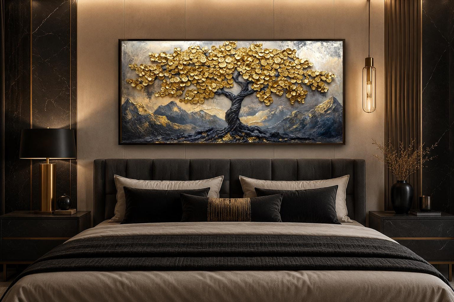 Black Gold Feng Shui Money Tree With Gold Coin Leaves Framed Canvas Wall Art