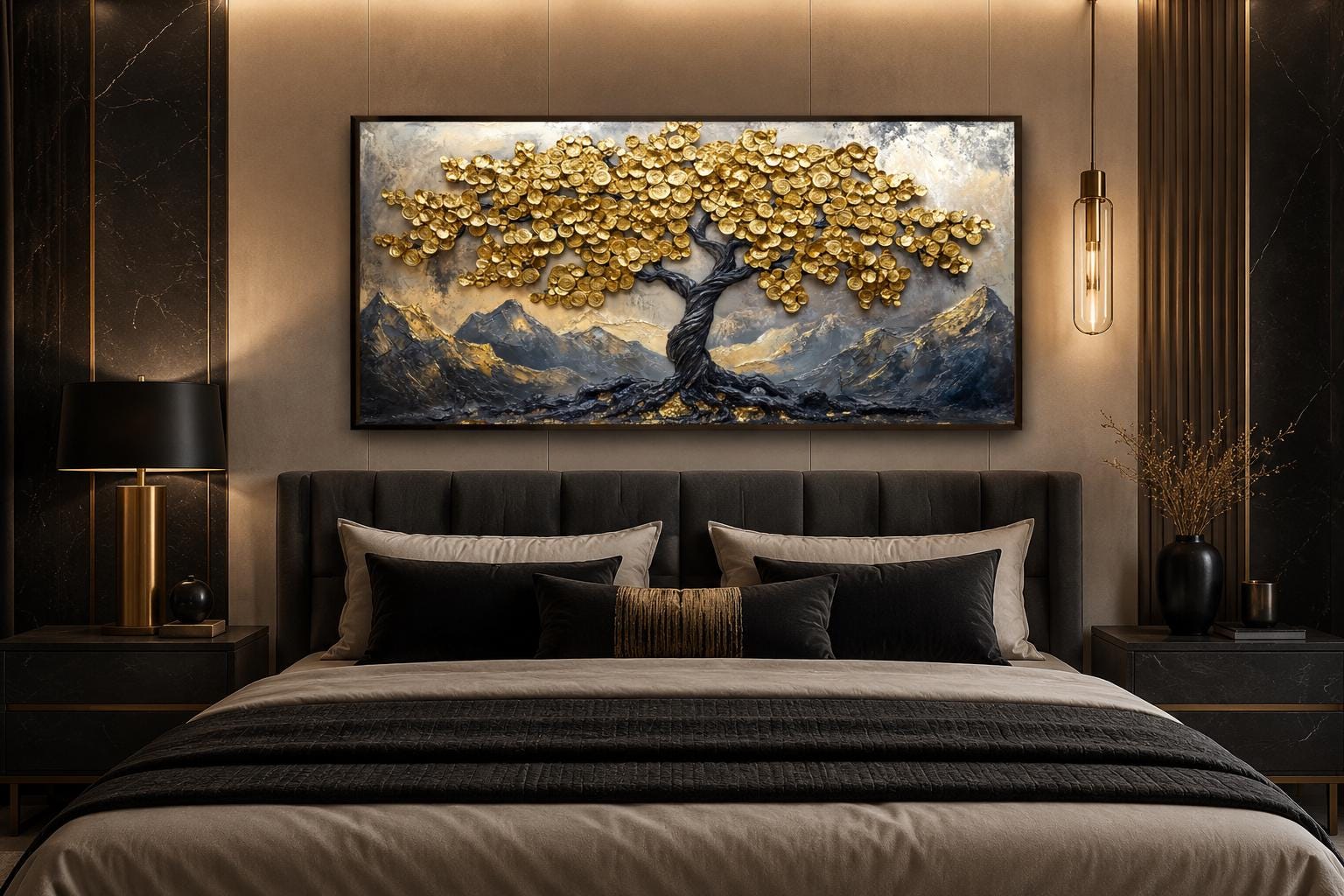 Black Gold Feng Shui Money Tree With Gold Coin Leaves Framed Canvas Wall Art