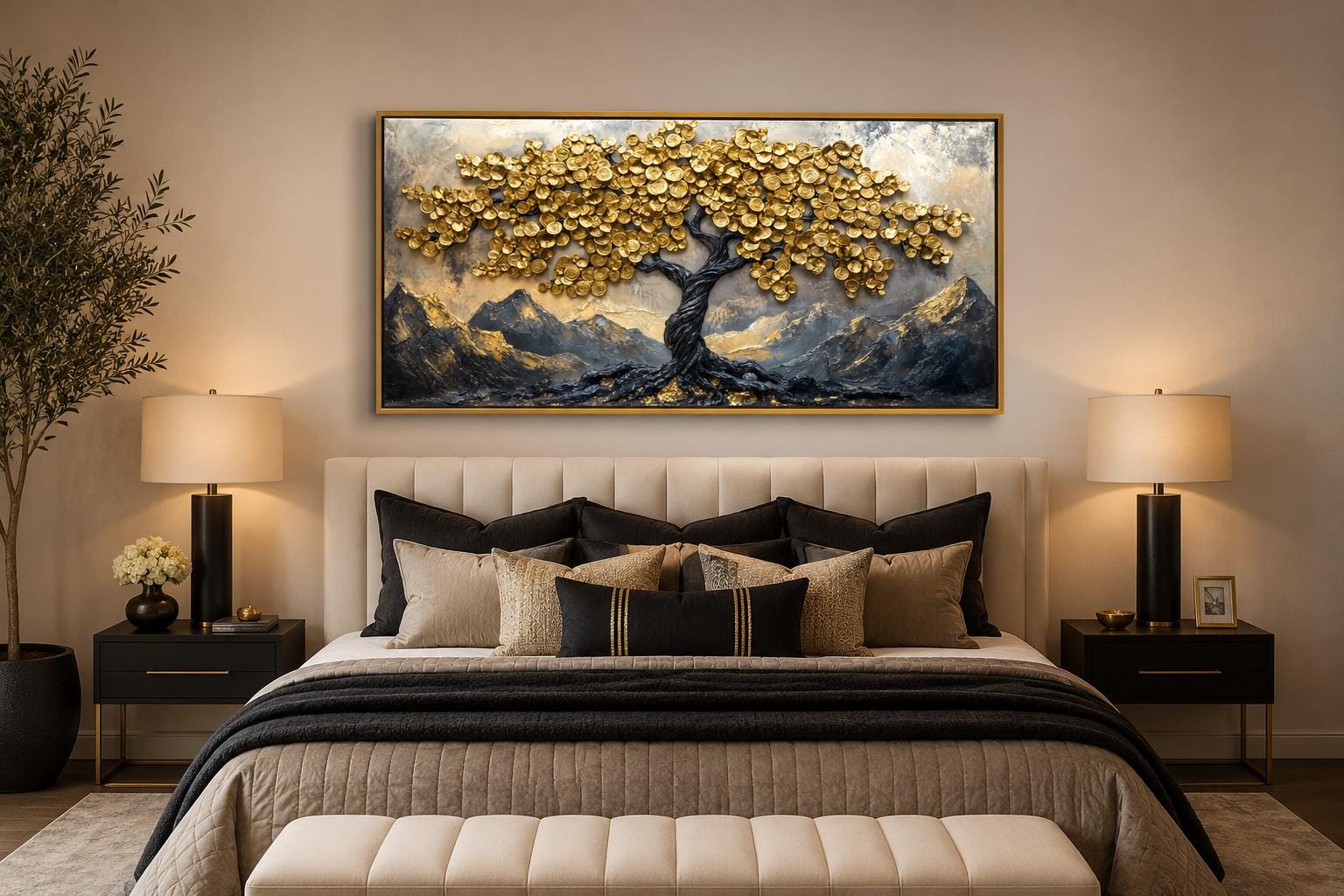 Black Gold Feng Shui Money Tree With Gold Coin Leaves Framed Canvas Wall Art