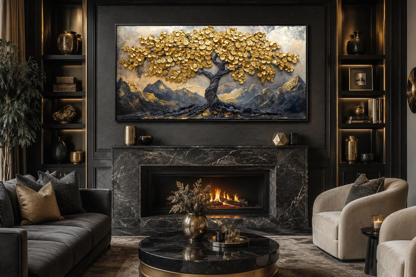 Black Gold Feng Shui Money Tree With Gold Coin Leaves Framed Canvas Wall Art