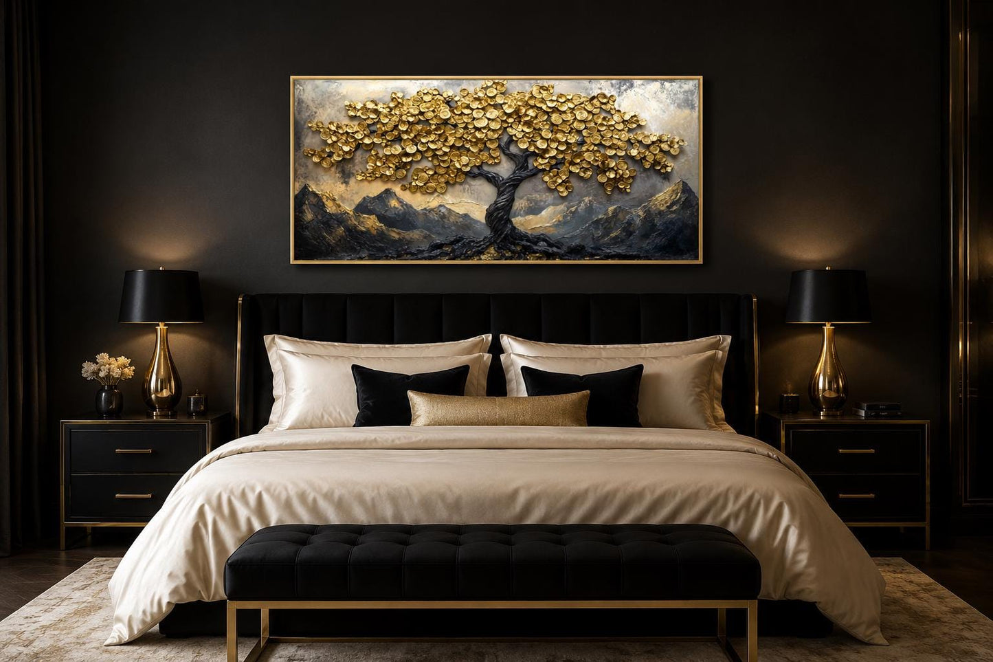 Black Gold Feng Shui Money Tree With Gold Coin Leaves Framed Canvas Wall Art