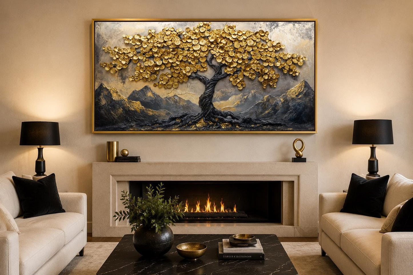 Black Gold Feng Shui Money Tree With Gold Coin Leaves Framed Canvas Wall Art