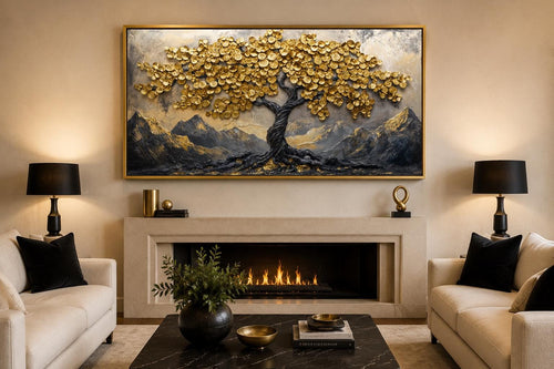 Black Gold Feng Shui Money Tree With Gold Coin Leaves Framed Canvas Wall Art