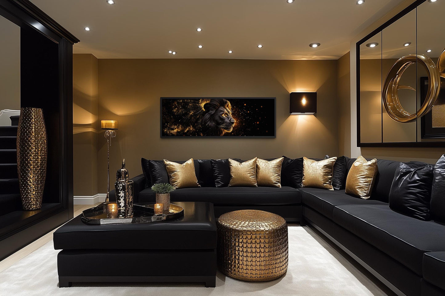 Black Gold Lion Art - Masculine Long Horizontal Canvas | Man Cave Or Office Wall Decor