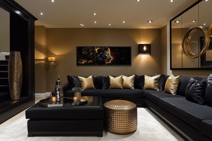 Black Gold Lion Art - Masculine Long Horizontal Canvas | Man Cave Or Office Wall Decor