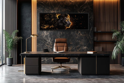 Black Gold Lion Art - Masculine Long Horizontal Canvas | Man Cave Or Office Wall Decor